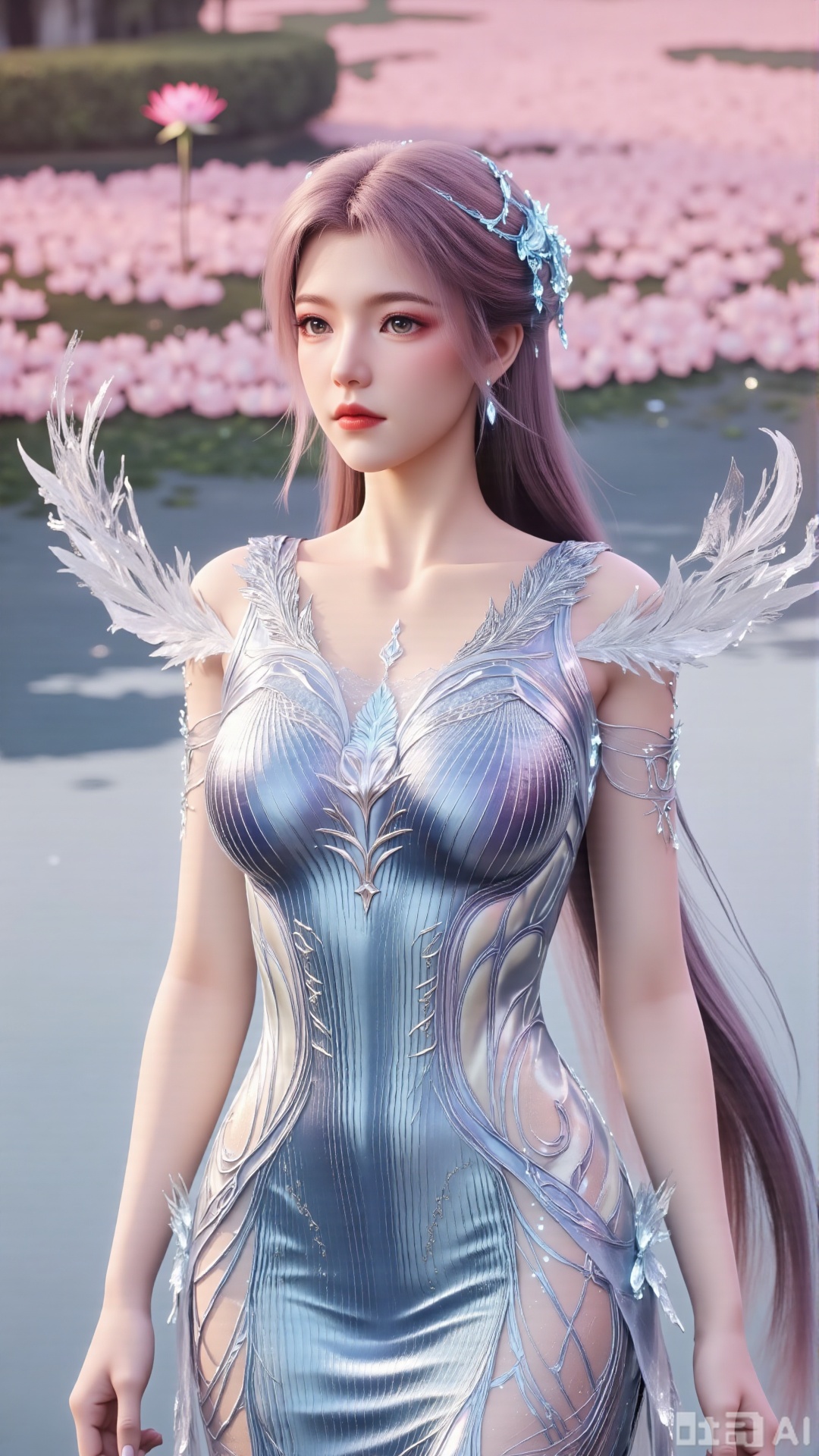 (masterpiece, best quality:1.2),1girl, navel, solo, midriff, bare shoulders, hair ornament,(long hair),(High double ponytail:1.49), red lips, BREAK, (looking at viewer:1.39), chinese clothes,(Holographic long dress:1.36), (lace,Rainbow Gradient Color:1.28), BREAK,blurry, solo focus, long hair, lips, daytime, lipstick, outdoors, standing,upper body,(huge breasts:2.89), background, solo, makeup,(Liquid glass style flowers:1.49),(huge breasts:2.99),(full breasts:2.99),,(Background with lotus pond and pink lotus flowers:1.39),XXaili2,XyunxiaoYH5,XlinziyueXZ,XtuliH,Xbigbreasts,XMedusaQueen,Xmiaozushaonv,Xkejinnvdi,Xbijinvshen,Xxihechengzhu,Xyunwangshuchengzhu,Xxuedixuenu,Xxuenvxuedi