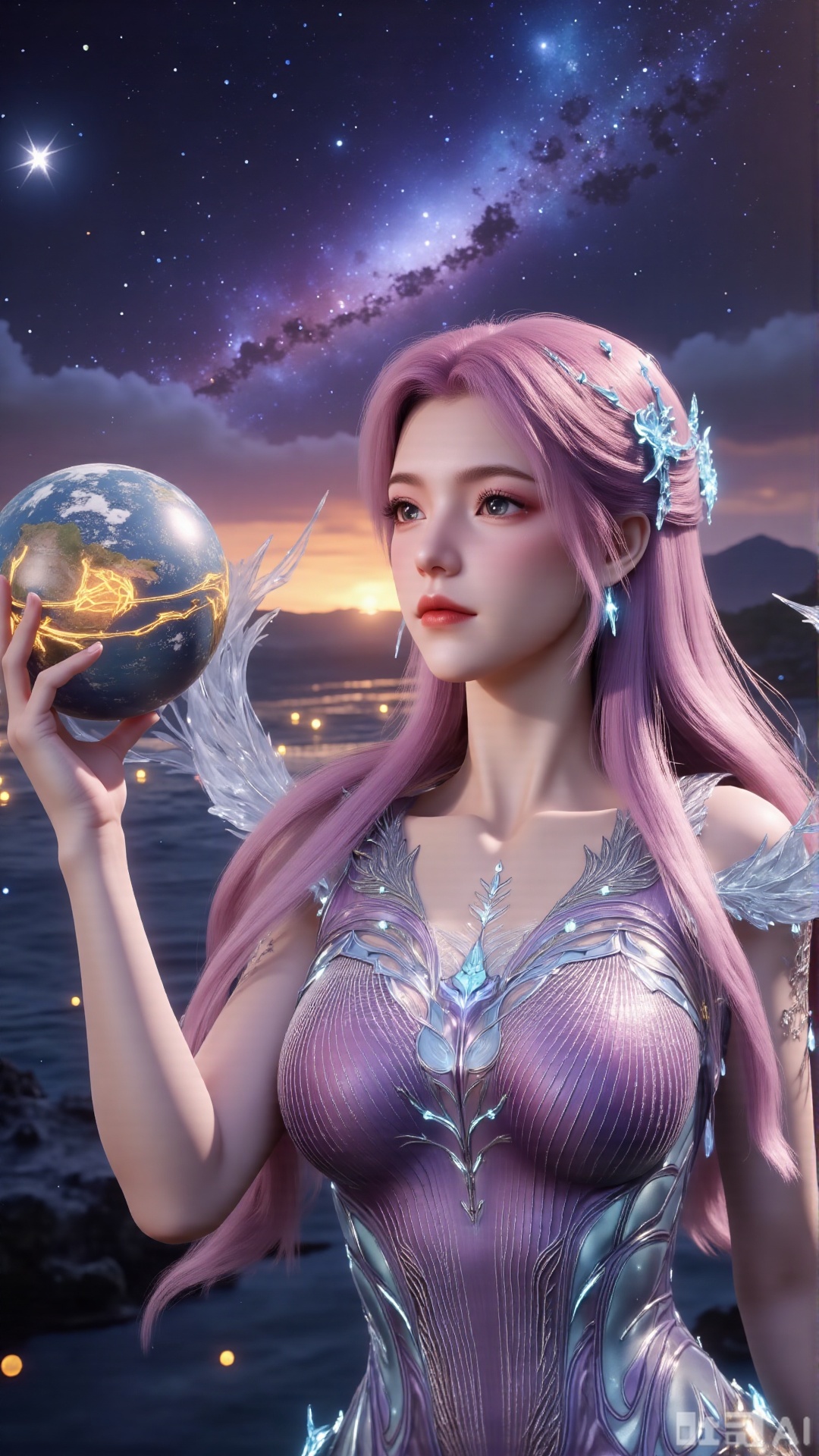 (masterpiece, best quality:1.2),Realistic details, ultra-clear, wallpaper, 8k, masterpiece, masterpiece, best quality, high quality, flowing long hair, exquisite hair accessories, headdresses, cyberpunk electronic luminous clothing, full body multi-luminous line light strips, cyberpunk luminous lines colorful. The sacred light, the cosmic space background, the planets of different colors around, the nebula flows, the stars twinkle, the golden willow branches stretch, holding an earth with both hands, the details of the earth's surface, the texture of mountains, rivers and oceans, the surrounding planets, planets of all sizes, traces of planets orbits, dreamy light and shadow effects.,(huge breasts:2.99),(full breasts:2.99),XXaili2,XyunxiaoYH5,XlinziyueXZ,XtuliH,Xbigbreasts,XMedusaQueen,Xmiaozushaonv,Xkejinnvdi,Xbijinvshen,Xxihechengzhu,Xyunwangshuchengzhu,Xxuedixuenu,Xxuenvxuedi