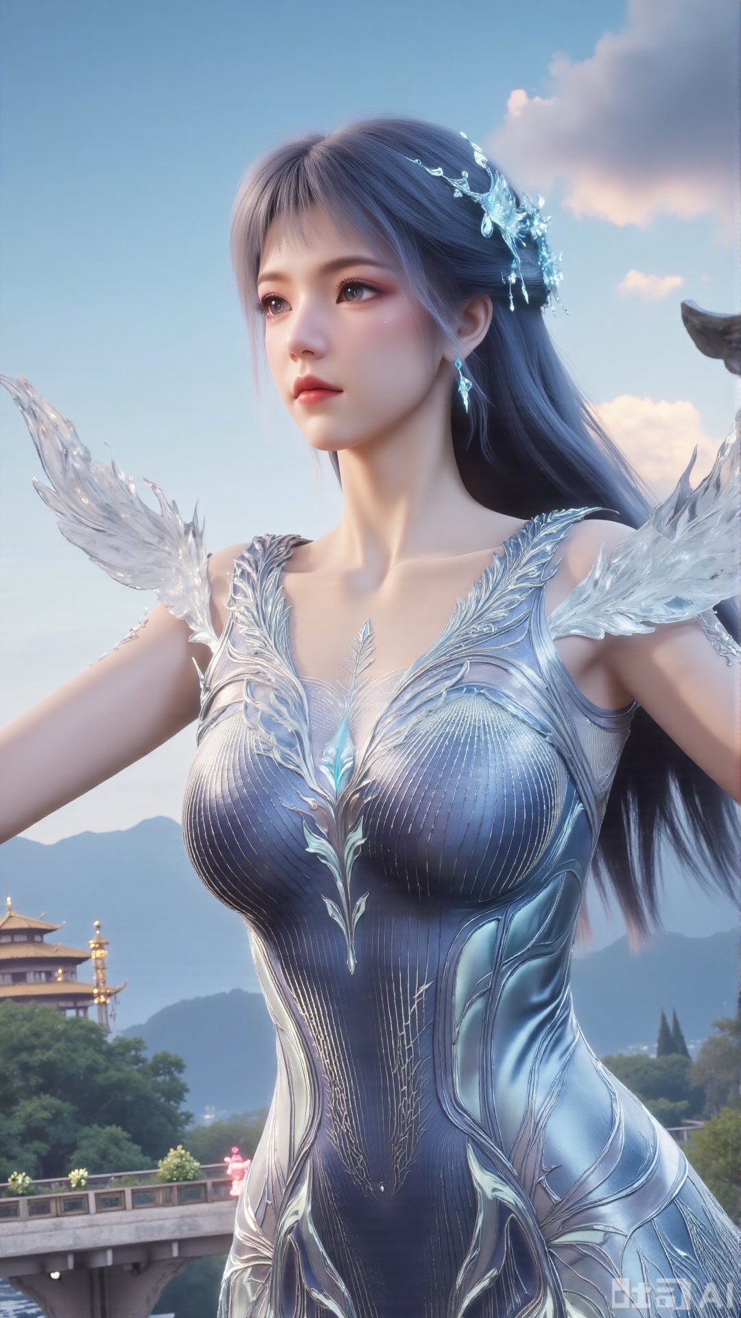 (masterpiece, best quality:1.2),1 girl, solo, long hair, black hair, hair accessories, clothing, cleavage cuts, long dress, jewelry, upper body, earrings. Background is outdoor, sky, clouds, water, trees, architecture, landscape, lantern, mountain, dragon, architecture, bridge, east Asian architecture, fog, pagoda,,(huge breasts:2.99),(full breasts:2.99),Xaili2,XyunxiaoYH5,XlinziyueXZ,XtuliH,Xbigbreasts,XMedusaQueen,Xmiaozushaonv,Xkejinnvdi,Xbijinvshen,Xxihechengzhu,Xyunwangshuchengzhu,Xxuedixuenu,Xxuenvxuedi