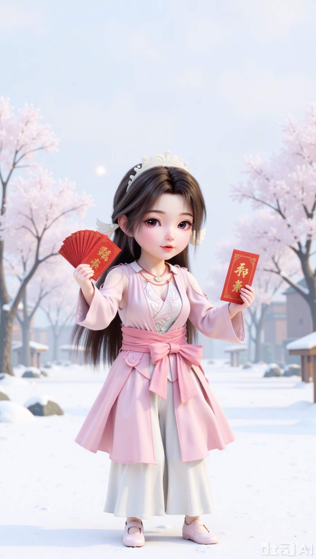 chibi, cute, little girl, (full body:1.3),On a snowy day,Spring Festival atmosphere,Holding a lot of red envelopes in his hand,happy,