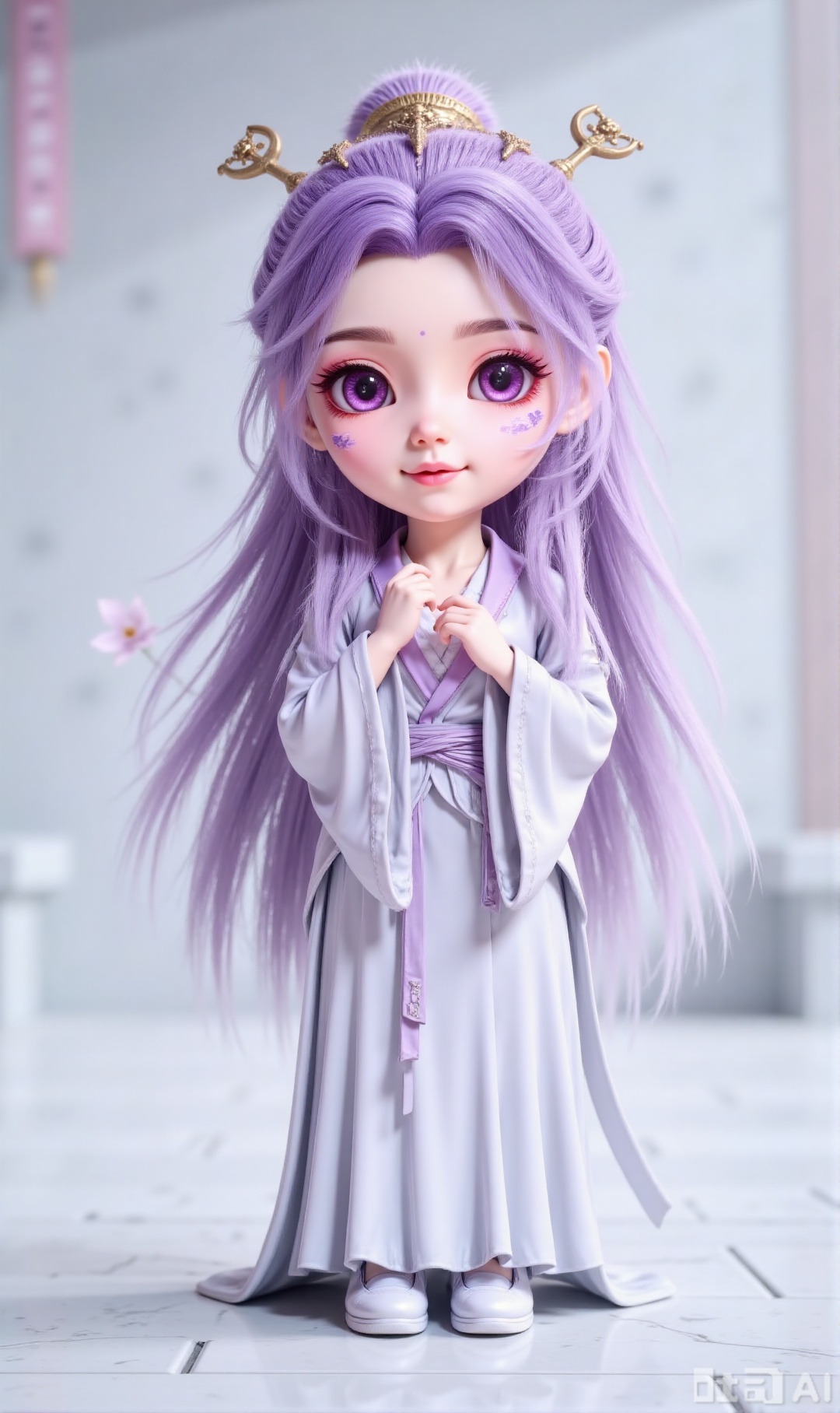 YUNXIAO, 1girl, solo, long hair, looking at viewer, smile, long sleeves, hair ornament, dress, closed mouth, purple eyes, upper body, purple hair, chibi, blurry background, chinese clothes, purple facial mark, blurry, white shoes