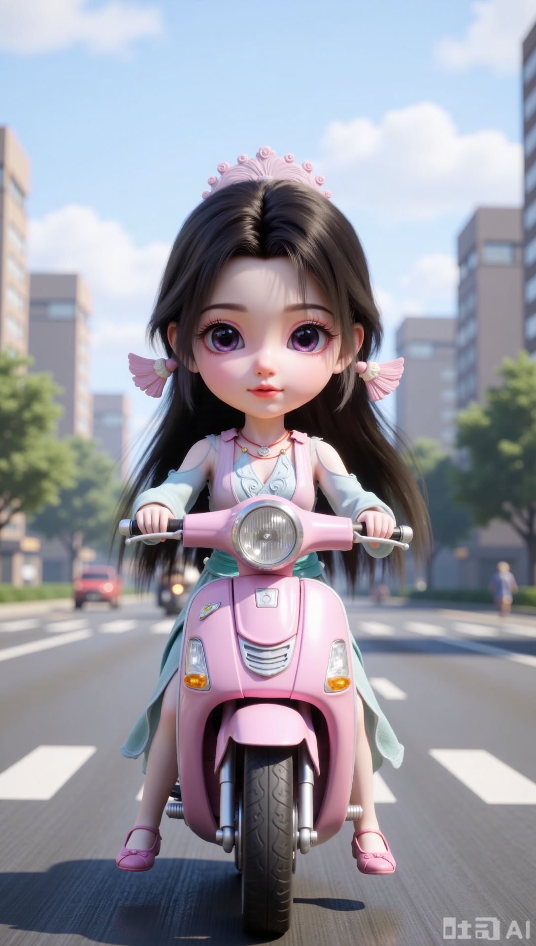 Panoramic view, ultra-wide angle, a little doll riding a pink motorcycle, petite figure, delicate eyes, long black hair, gorgeous hair accessories, earrings, necklace, gradient color dress, flat embroidered shoes. Outdoor street scene. Chibi character.