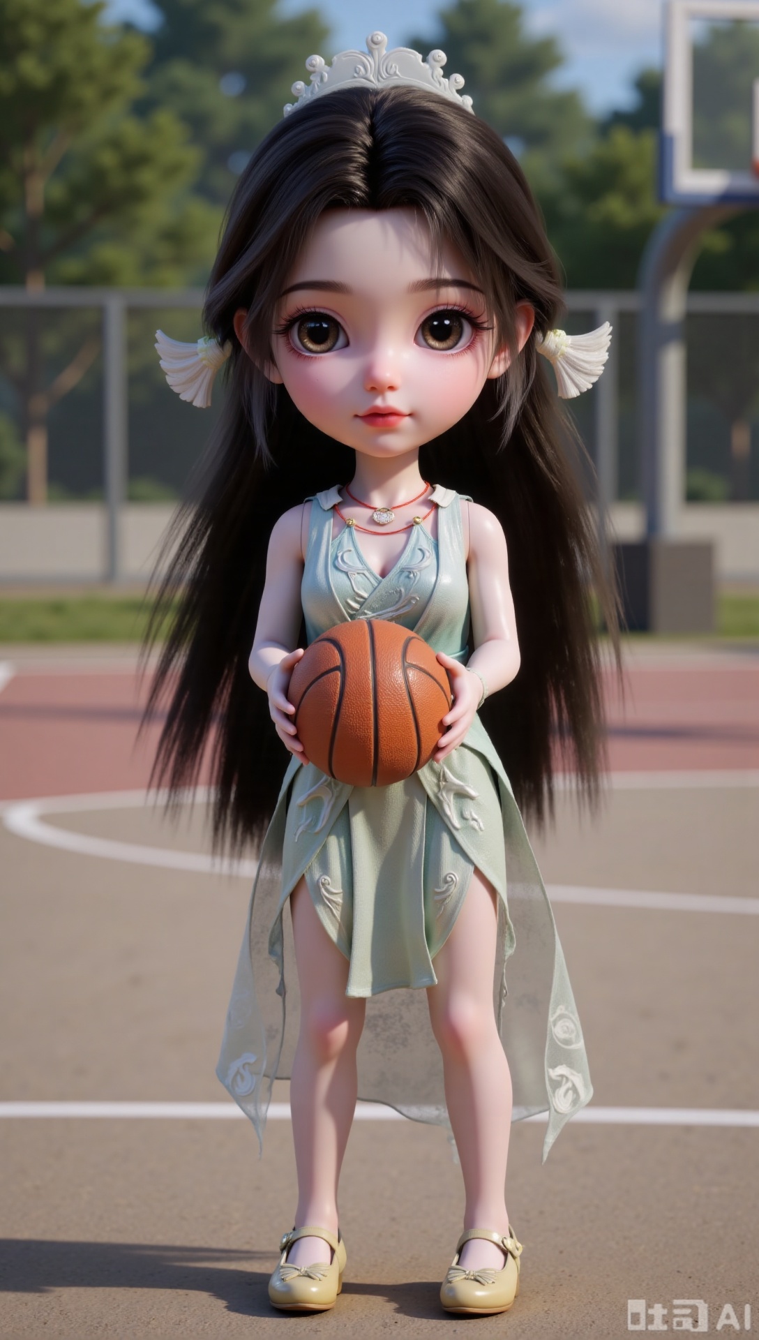 A full-body front-facing photo of a little doll holding a basketball. She has a petite figure, a big head, and big eyes. She wears long black hair with gorgeous hair accessories, earrings, a necklace, a gradient-colored dress, and flat embroidered shoes. It's a Q-version character, outdoors on a basketball court.
