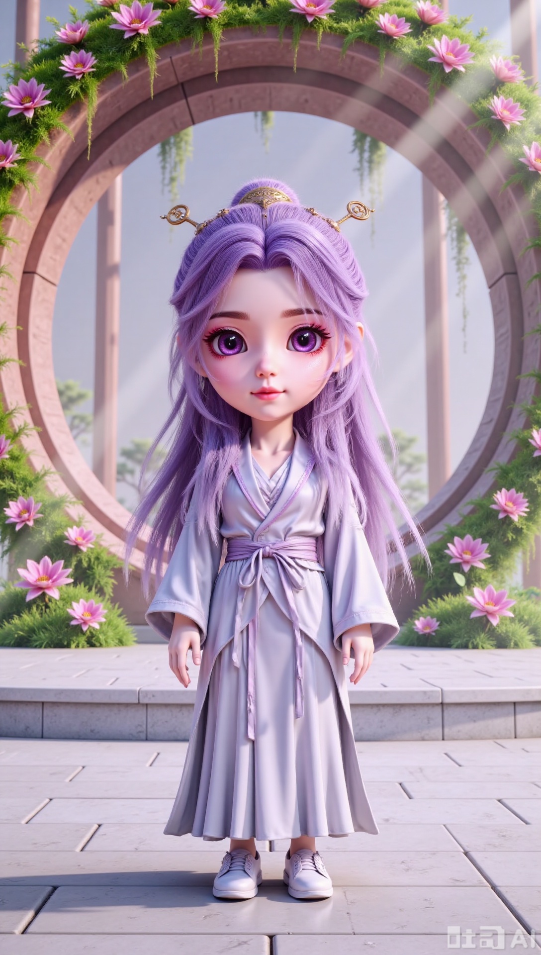 YUNXIAO, 1girl, solo, long hair, looking at viewer, smile, long sleeves, hair ornament, dress, closed mouth, purple eyes, purple hair, chibi, chinese clothes, white shoes, a 3D animated character,Macaron color space,exotic plant installation art,a girl standing on a stage,close-up shot,abstract 3D artwork,performance,polishing,CGSociety 9,smooth 3D illustration color space,3D fashion scene,drifting 8k,