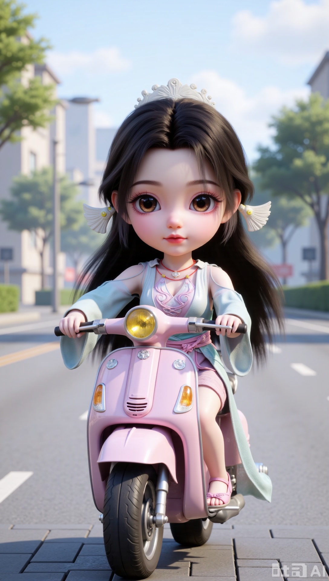 Panoramic view, ultra-wide angle, a little doll riding a pink motorcycle, petite figure, delicate eyes, long black hair, gorgeous hair accessories, earrings, necklace, gradient color dress, flat embroidered shoes. Outdoor street scene. Chibi character.