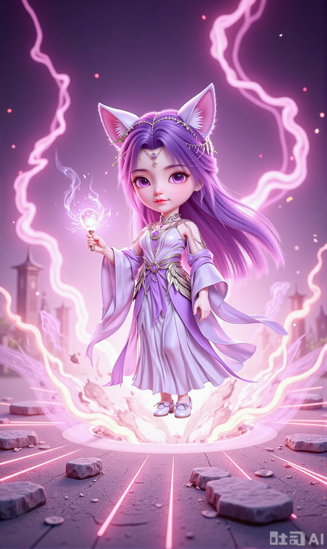 YUNXIAO, 1girl, solo, long hair, looking at viewer, smile, long sleeves, hair ornament, dress, closed mouth, purple eyes, purple hair, chibi, chinese clothes, white shoes, MislaDeadly,Explosive anime-style scene capturing a yokai fox maiden in dramatic motion,delicate face,round eyes,ethereal beauty,fragile and innocent,8K ultra-detailed,trending on ArtStation with Makoto Shinkai's fluid dynamics and Kuvshinov Ilya's cinematic framing,full length shot,Sakura Storm,trending on ArtStation with dramatic energy flows and environmental destruction,32k resolution to capture every intricate detail,