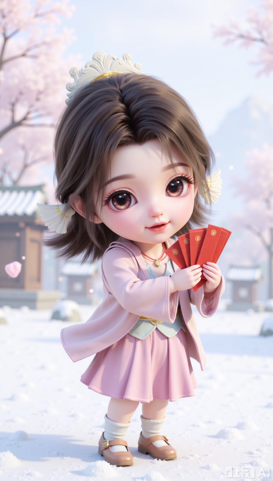 chibi, cute, little girl, (full body:1.3),On a snowy day,Spring Festival atmosphere,Holding a lot of red envelopes in his hand,happy,