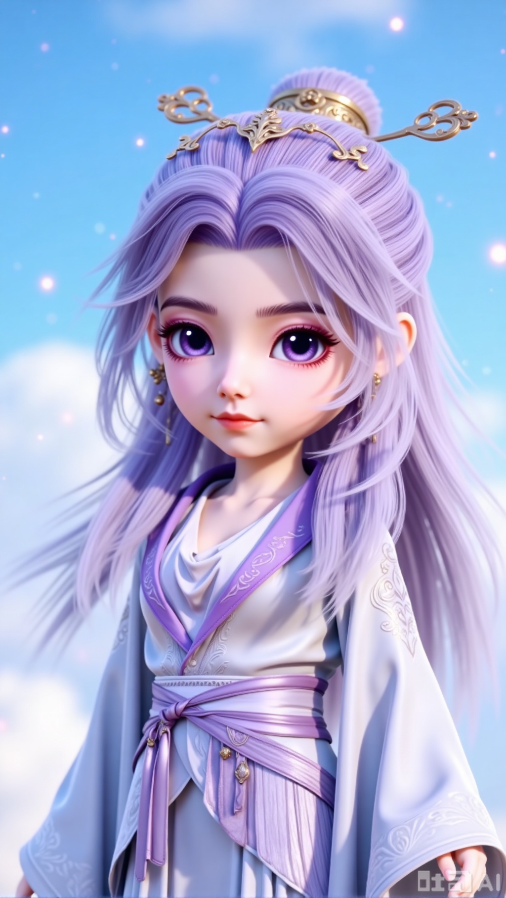 YUNXIAO, chibi, little girl, cute, The image depicts a character with long, flowing lavender hair, adorned with a delicate, ornate headpiece featuring intricate designs. The character is dressed in a traditional, elegant robe with intricate patterns and a light, flowing fabric. The robe is primarily white with lavender accents and a tied belt at the waist. The background is a serene, blue sky with soft, glowing particles, giving a magical and ethereal atmosphere. The character's expression is calm and serene, contributing to the overall tranquil and mystical feel of the scene., XyunxiaoYK