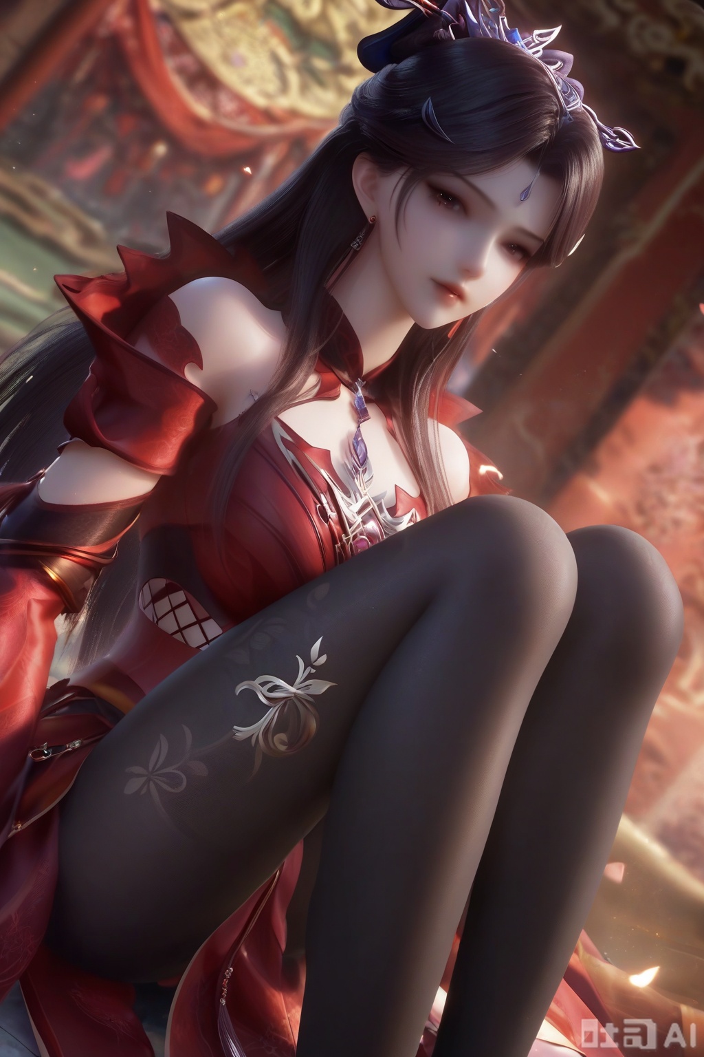masterpiece, best quality, masterpiece,best quality,official art,extremely detailed CG unity 8k wallpaper, 1girl,solo,looking at viewer,long hair,black hair,hair ornament,jewelry,earrings,detached sleeves,(clothing cutout:1.3),red dress,black thighhighs,pantyhose,(fetal position:1.3), 