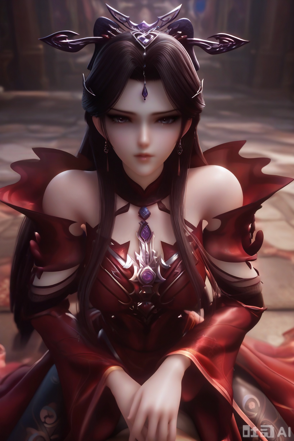 masterpiece, best quality, masterpiece,best quality,official art,extremely detailed CG unity 8k wallpaper, 1girl,solo,looking at viewer,long hair,black hair,hair ornament,jewelry,earrings,detached sleeves,(clothing cutout:1.3),red dress,black thighhighs,pantyhose,(fetal position:1.3), 