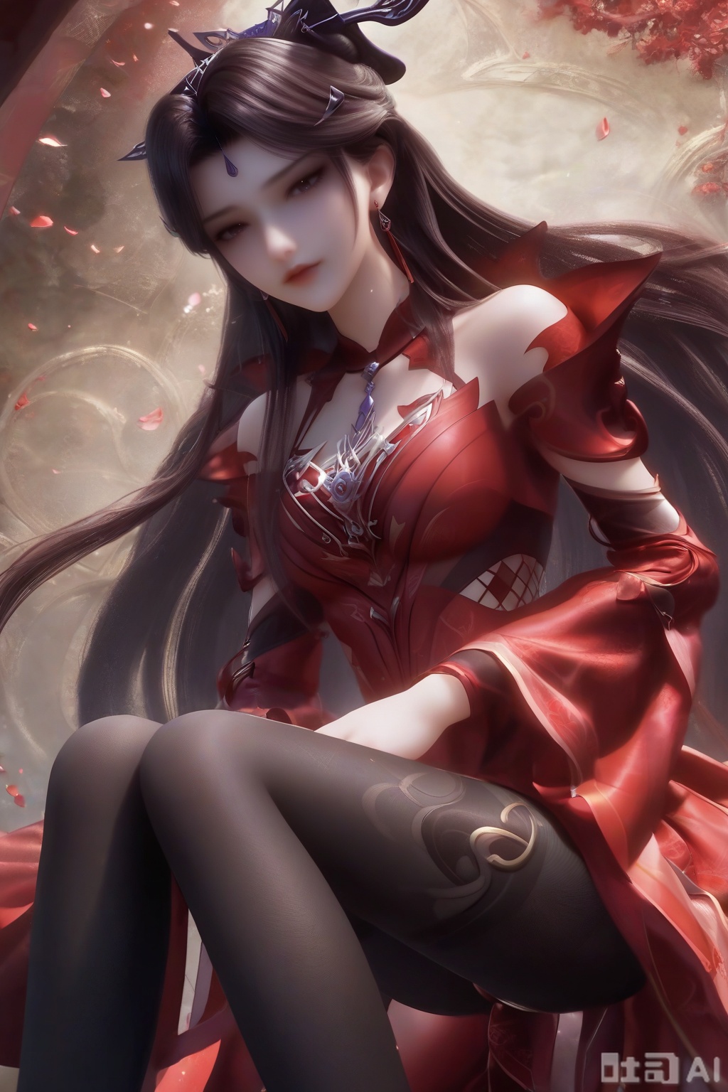 masterpiece, best quality, masterpiece,best quality,official art,extremely detailed CG unity 8k wallpaper, 1girl,solo,looking at viewer,long hair,black hair,hair ornament,jewelry,earrings,detached sleeves,(clothing cutout:1.3),red dress,black thighhighs,pantyhose,(fetal position:1.3), 