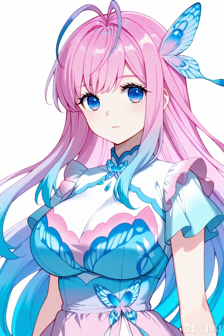 1girl, solo, long hair, breasts, looking at viewer, bangs, blue eyes, large breasts, hair ornament, dress, closed mouth, blue hair,pink hair, multicolored hair, gradient hair, antenna hair, butterfly hair ornament,唐舞桐,