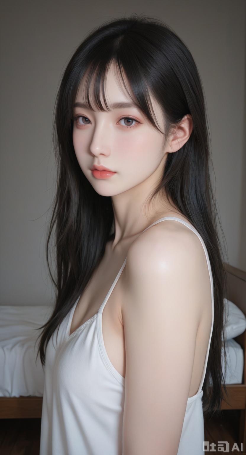 1girl, solo, long hair, looking at viewer, black hair, standing. upper body.bed room,
realistic, (masterpiece, best quality, ultra high res, 8k, uhd, absurdres),photorealistic (realistic skin texture, subtle skin details, natural skin reflection, healthy skin tone, unretouched look, matte skin),DSLR style,aesthetic,highly detailed (detailed anatomy),