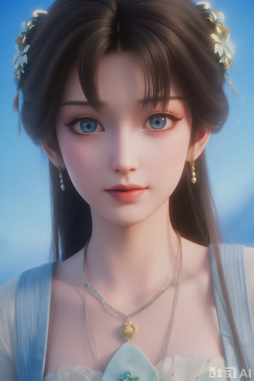 1girl, long hair, blue eyes, brown hair, hair ornament, dress, jewelry, closed mouth, upper body, ponytail, earrings, outdoors, sky, solo focus, day, necklace, blurry, blue sky, looking to the side, blurry background, chinese clothes, realistic