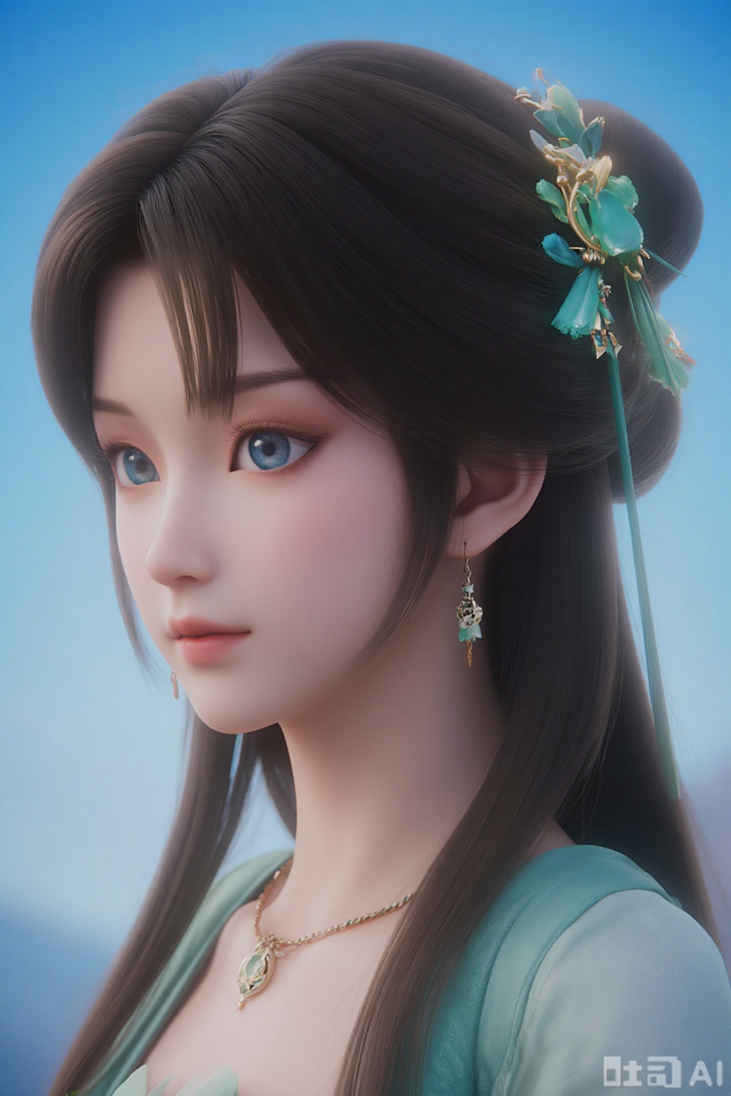 1girl, long hair, blue eyes, brown hair, hair ornament, dress, jewelry, closed mouth, upper body, ponytail, earrings, outdoors, sky, solo focus, day, necklace, blurry, blue sky, looking to the side, blurry background, chinese clothes, realistic