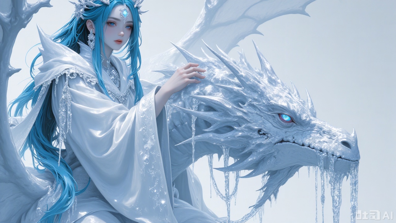 Masterpiece, best quality, ultra-detailed, sharp focus, stigma_art, 1girl, ice-blue long hair, eyes deep and full of wisdom. She wears a complete ceremonial robe sewn from thick fur and ice crystal fragments, the robe clinging to her upper body with icicle decorations on her shoulders and neck. She is riding full-length on the back of a colossal and majestic Western frost dragon, the shot focusing on her upper body and the dragon's head and neck. This dragon possesses massive, glacier-like wings and a robust neck. Its body is composed of unmelting ice and minerals, its surface covered in fine ice cracks, with pure ice water slowly dripping from between its scales. The girl's skin possesses a texture like frozen jade, with frost-like patterns, and transparent ice crystals hang from her hair ends and brow. She gently strokes the dragon's spine with both hands, her eyes filled with resonance with the icy nature.
drgn_stly, drgn_stly,