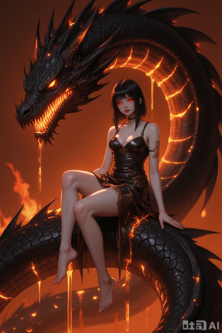 drgn_stly.
Masterpiece, best quality, ultra-detailed, sharp focus, stigma_art, 1girl, short black hair, eyes like burning embers, red in color. She wears a short, form-fitting ceremonial dress made of charred leather and lava crystals, with scorch marks on the hem, yet it is undeniably alluring. She is sitting full-length on the broad back of a colossal and ferocious Eastern lava dragon. On the dragon's incredibly long, serpentine body, each scale is as smooth as obsidian, but searing magma flows from the crevices between them, making the dragon's back appear like a living inferno. On the girl's pale skin, several glowing cracks resembling veins are visible, with viscous, amber-like golden liquid slowly seeping from them. She is barefoot, lightly touching the dragon's scorching spine, her gaze hazy and intoxicated.