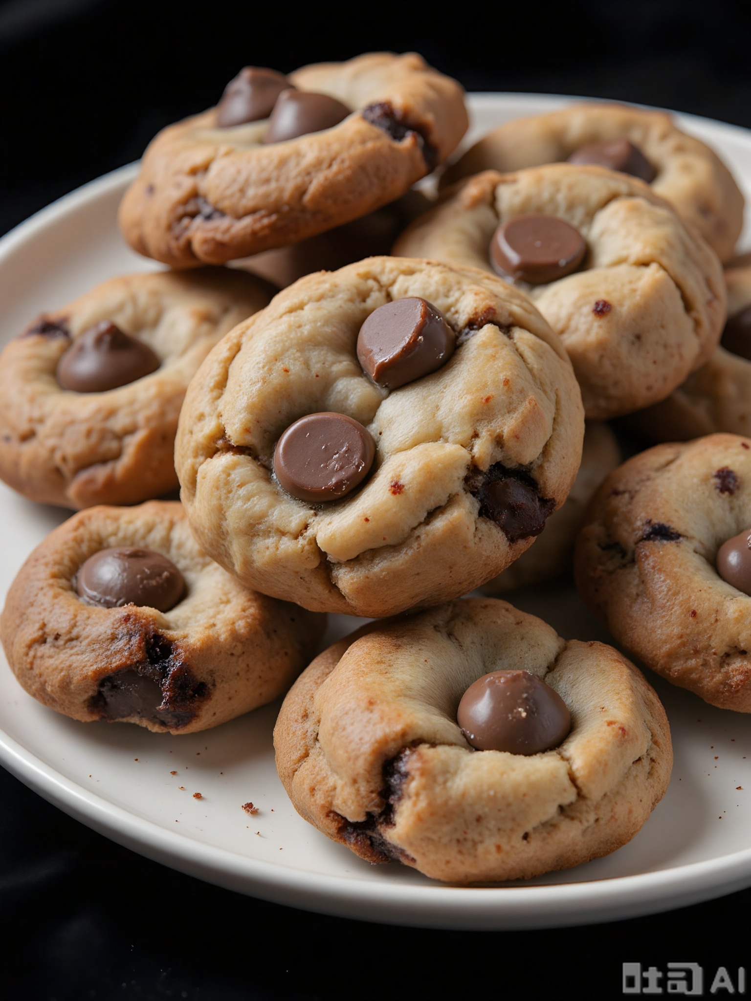 SPLJ, A close-up photograph of a plate of chocolate chip cookies, with a golden-brown color and a soft, chewy texture. The cookies are studded with large chunks of chocolate, and a few are slightly cracked on the surface. The plate is placed on a simple black background, and the lighting is warm, emphasizing the rich chocolate flavor and comforting aroma of the cookies.
