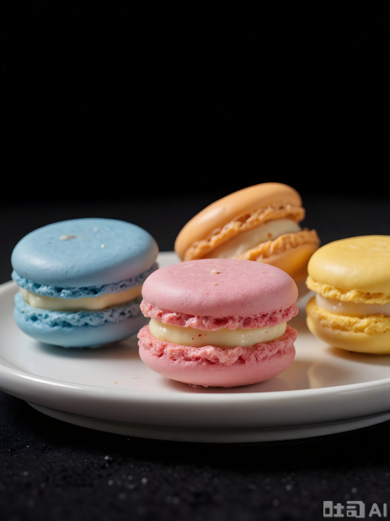 SPLJ, A close-up photograph of a plate of freshly baked macarons, in an assortment of colors including pink, blue, and yellow. Each macaron has a smooth, shiny shell and a creamy filling. The macarons are arranged in a row on a white plate, which is set against a simple black background. The lighting is even, highlighting the delicate texture and vibrant colors of the macarons, making them look irresistibly sweet.
