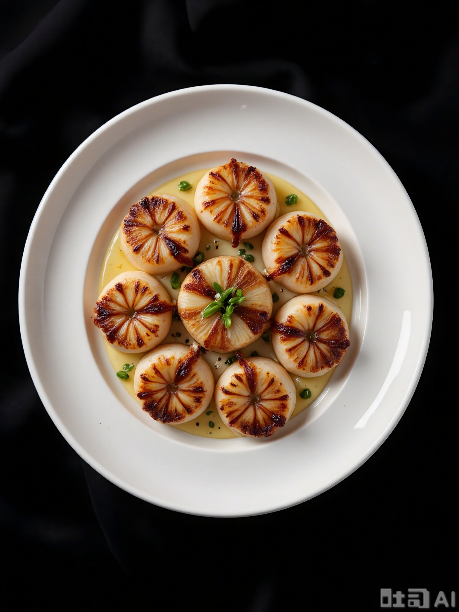 SPLJ, A close-up photograph of a plate of perfectly seared scallops, with a golden-brown crust on the outside and a tender, white interior. The scallops are arranged in a circular pattern on a white plate, which is placed on a simple black background. A drizzle of lemon butter sauce is artfully placed around the scallops, and a sprinkle of chopped chives adds a touch of green. The lighting is focused, highlighting the succulent texture and delicate flavor of the scallops.
