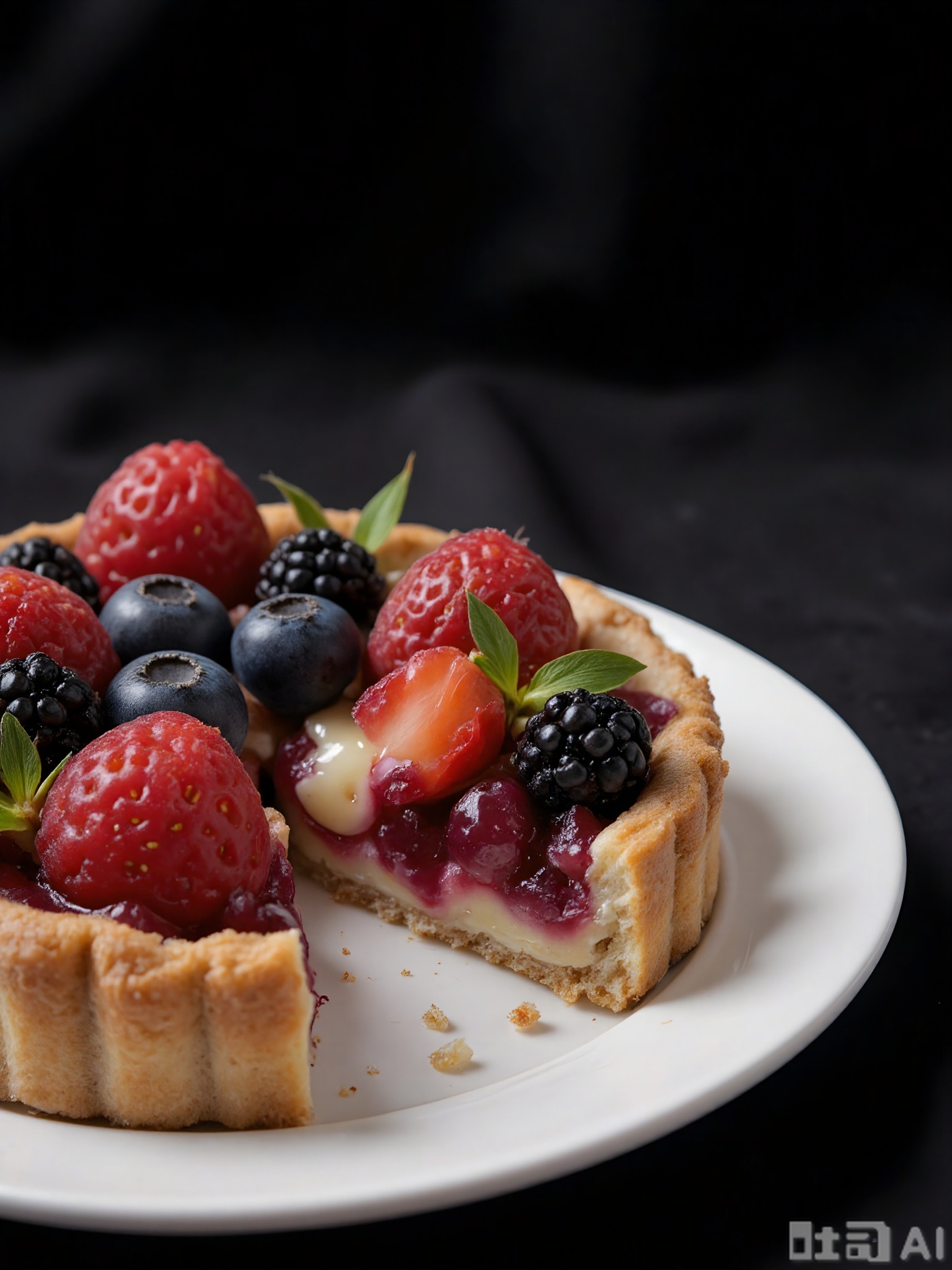 SPLJ, A close-up photograph of a plate of colorful fruit tart, with a crisp pastry crust, a layer of creamy custard, and a topping of fresh berries such as strawberries, blueberries, and raspberries. The tart is cut into slices, and one slice is placed on a white plate, which is set against a simple black background. The lighting is soft, highlighting the juicy texture and vibrant colors of the fruits, making the tart look like a perfect summer dessert.
