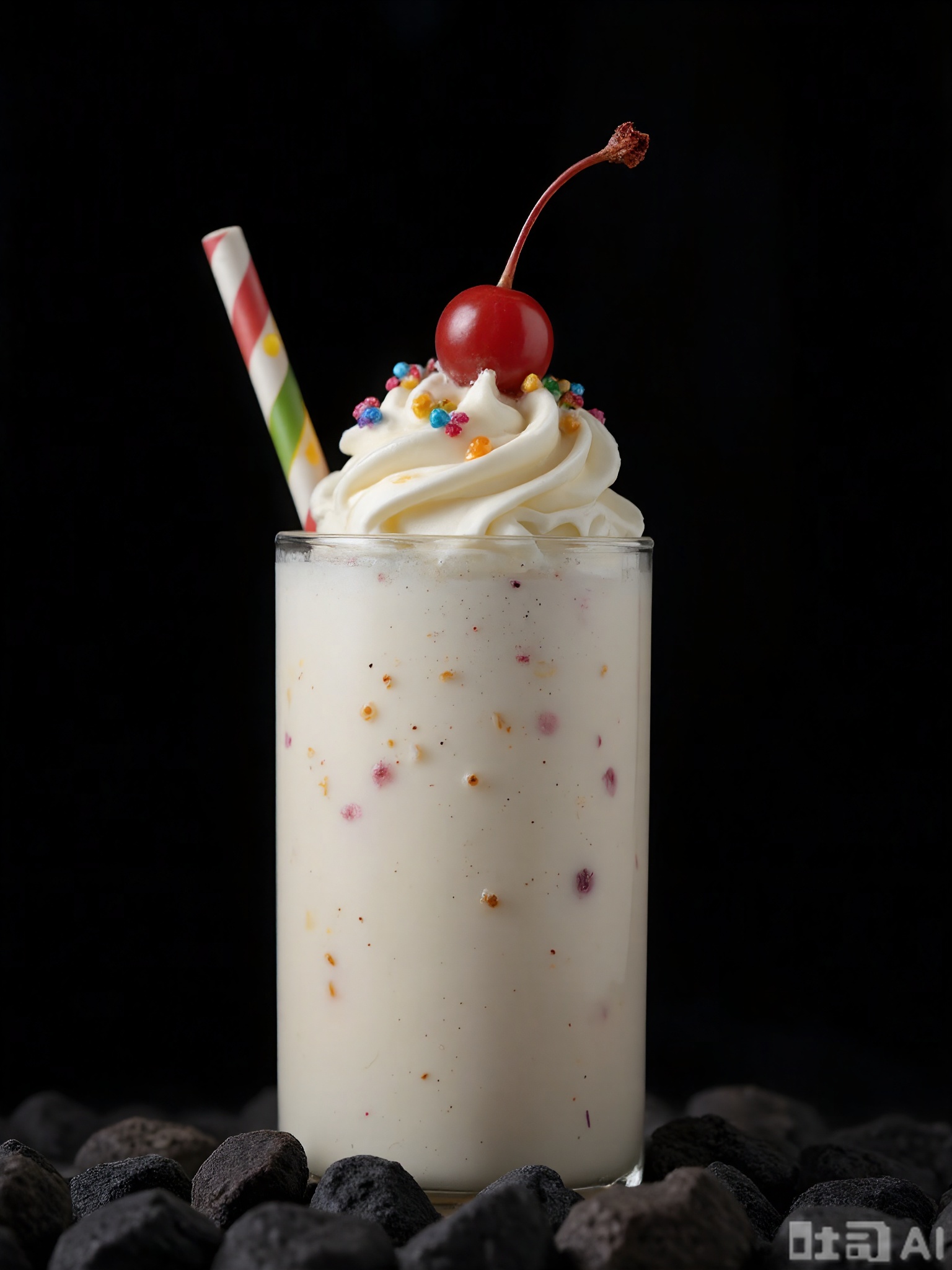 SPLJ, A close-up photograph of a tall glass filled with a creamy white milkshake, topped with a generous swirl of whipped cream and a maraschino cherry. A colorful striped straw is inserted into the glass, and a few sprinkles are scattered on top of the whipped cream. The glass is set against a simple black background, which makes the bright white of the milkshake and the vibrant colors of the toppings pop. The lighting is soft, creating a nostalgic and comforting atmosphere.
