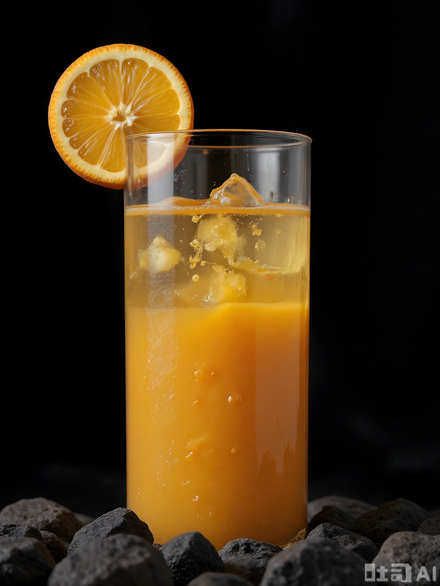 SPLJ, A close-up photograph of a glass of freshly squeezed orange juice, with a bright orange color and a few pulp particles floating in it. The glass is filled to the brim, and a slice of orange is placed on the rim as a garnish. The glass is set against a simple black background, and the lighting is bright, highlighting the natural sweetness and refreshing quality of the orange juice.
