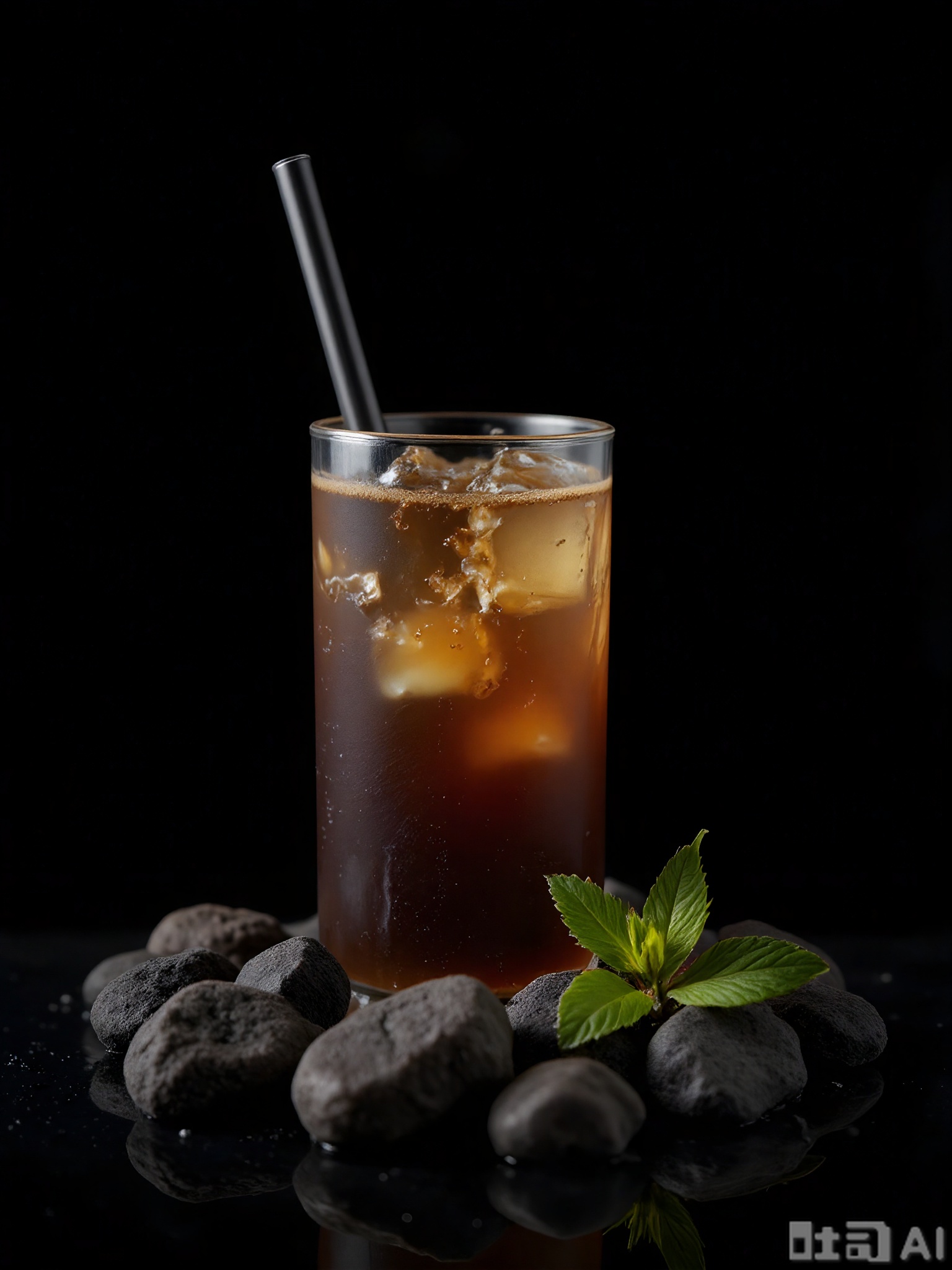 SPLJ, A close-up photograph of a glass of iced coffee, with a dark brown color and a layer of frothy milk on top. A few ice cubes are floating in the glass, and a straw is inserted. The glass is placed on a simple black background, and the lighting is bright, highlighting the refreshing and invigorating nature of the iced coffee. A small sprig of mint is placed beside the glass as a garnish.
