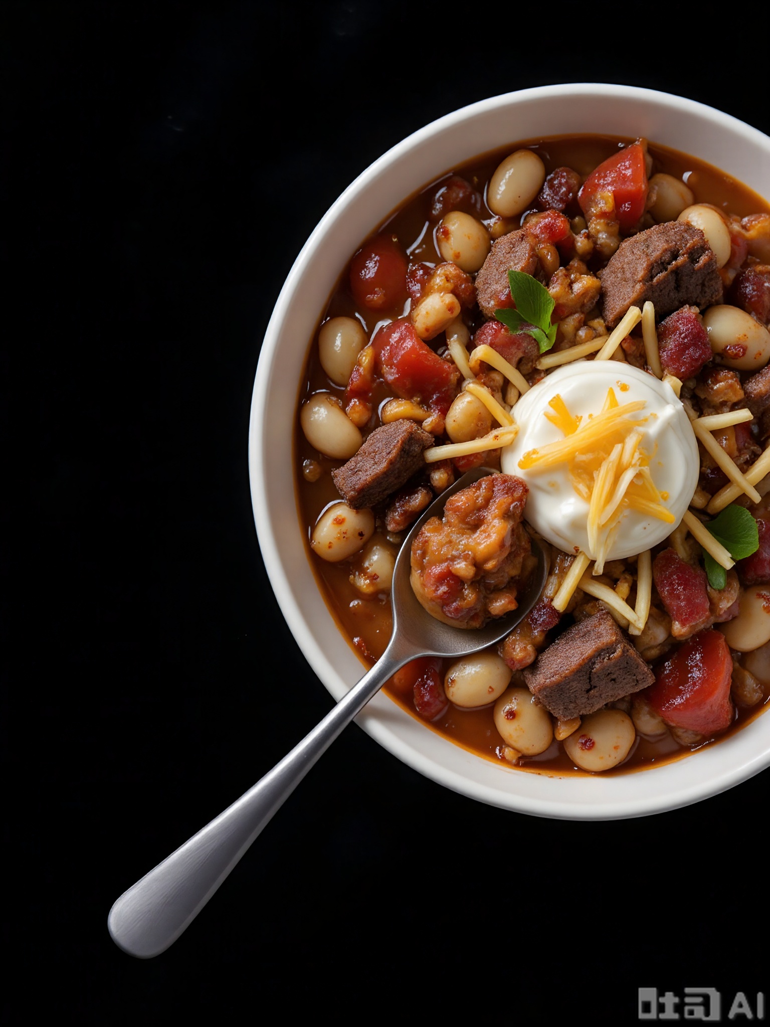 SPLJ, A close-up photograph of a bowl of spicy chili, with a thick, hearty consistency. The chili is filled with ground beef, beans, and tomatoes, and it's seasoned with a blend of spices. A dollop of sour cream and a sprinkle of shredded cheese are placed on top. The bowl is set against a simple black background, and the lighting is focused, highlighting the bold flavors and warm comfort of the chili.
