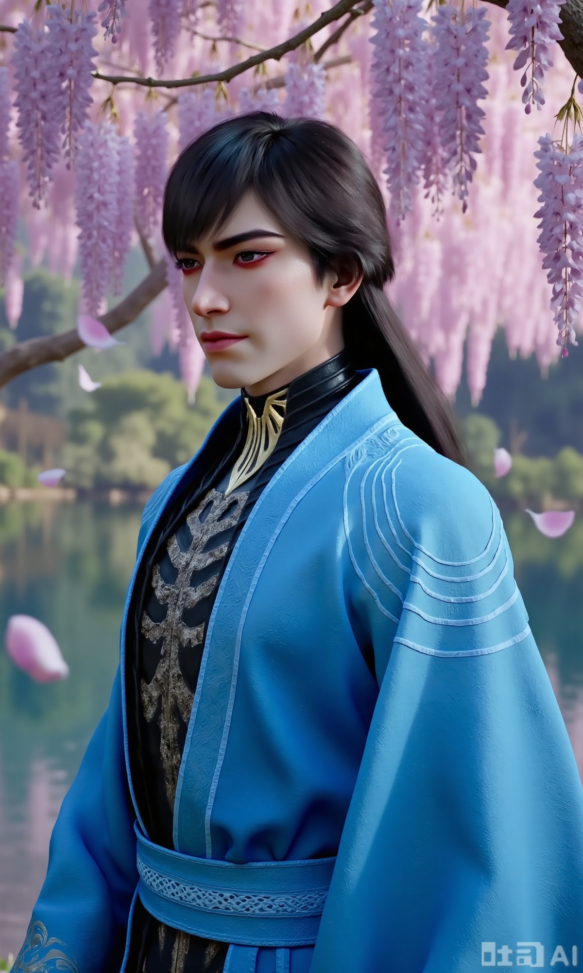 (masterpiece,best quality:1.23), a graceful young man in Hanfu, jet-black long hair, peach blossom forest, lakeside, falling petals, wisteria,Xzhanyihanli,Xhanlaomo,Xhanlizhanyi,Xhanlichangfu,XhanyiYYQ,Xhanliyuanying,Xziteng,Xxuanguxiaocha,Xxiaochaxuangu