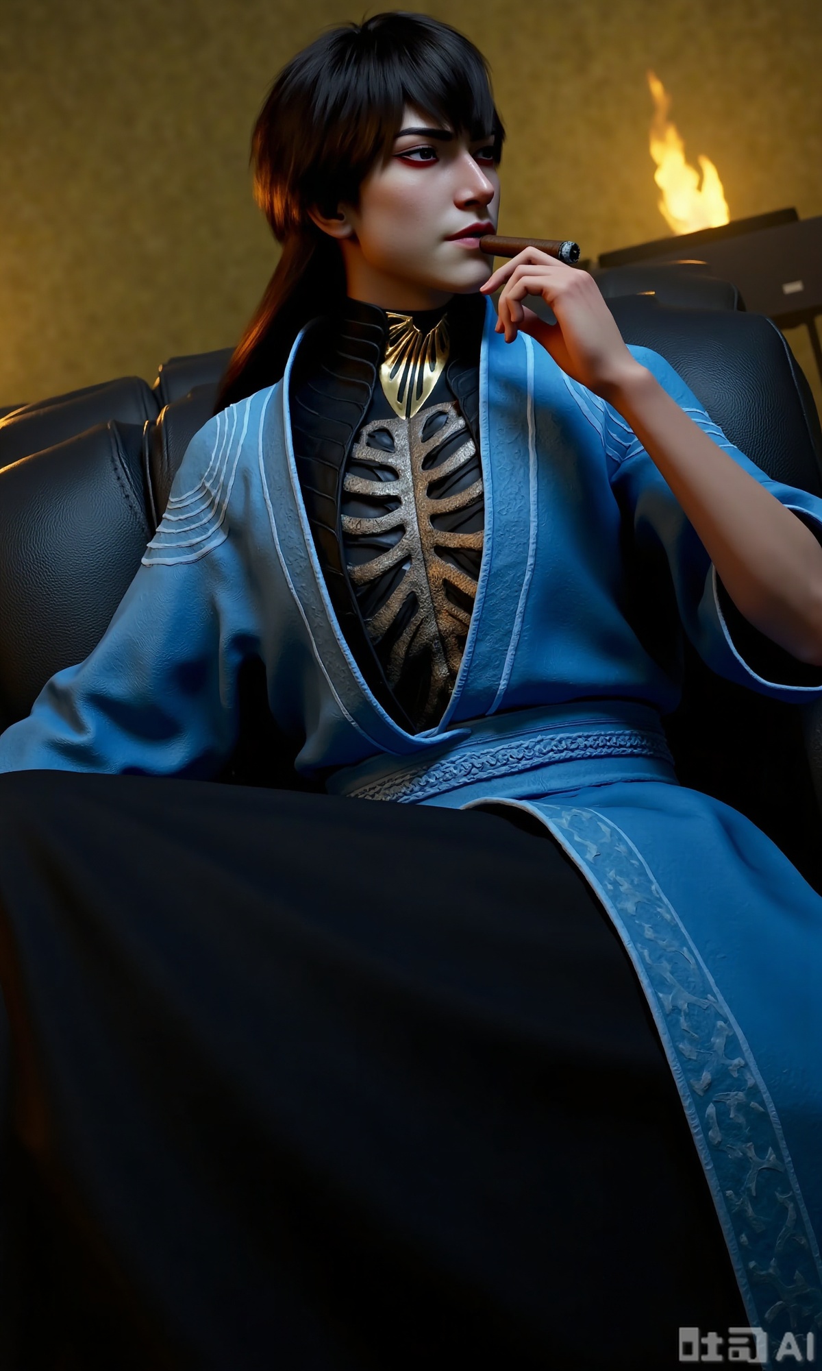 (masterpiece,best quality:1.23), 1boy, , 3D, The character is dressed in a traditional outfit, consisting of a light blue robe with intricate patterns and a black inner garment featuring a skeletal design. The character has long black hair and striking eyes shadow.Sitting on a black sofa, smoking a cigar, with a study in the background and soft yellow lighting, Sitting on a throne made of skulls and swords, with a spooky background,Xzhanyihanli,Xhanlaomo,Xhanlizhanyi,Xhanlichangfu,XhanyiYYQ,Xhanliyuanying,Xziteng,Xxuanguxiaocha,Xxiaochaxuangu