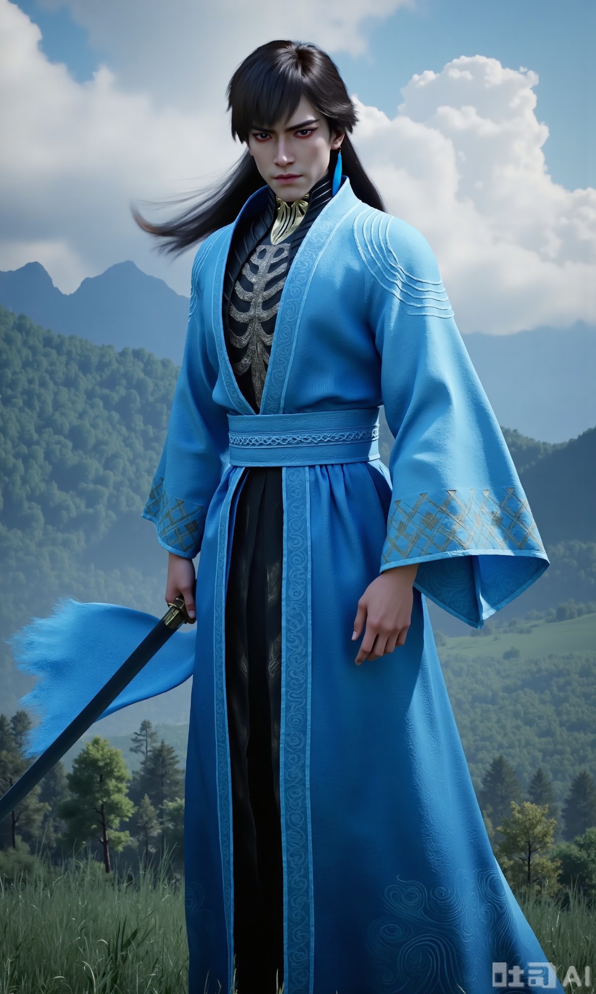 (masterpiece,best quality:1.23), a majestic man in Hanfu, long hair, with a sword, mystical clouds and fog, distant mountains background,Xzhanyihanli,Xhanlaomo,Xhanlizhanyi,Xhanlichangfu,XhanyiYYQ,Xhanliyuanying,Xziteng,Xxuanguxiaocha,Xxiaochaxuangu