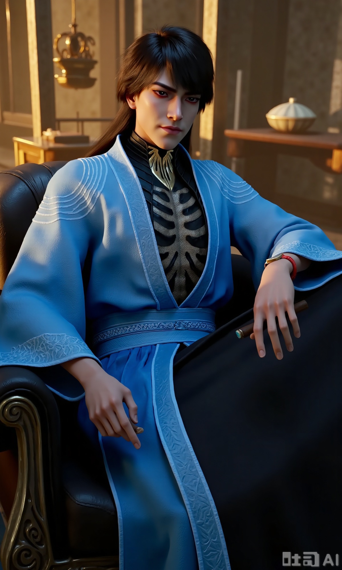 (masterpiece,best quality:1.23), 1boy, , 3D, The character is dressed in a traditional outfit, consisting of a light blue robe with intricate patterns and a black inner garment featuring a skeletal design. The character has long black hair and striking eyes shadow.Sitting on a black sofa, smoking a cigar, with a study in the background and soft yellow lighting, Sitting on a throne made of skulls and swords, with a spooky background,Xzhanyihanli,Xhanlaomo,Xhanlizhanyi,Xhanlichangfu,XhanyiYYQ,Xhanliyuanying,Xziteng,Xxuanguxiaocha,Xxiaochaxuangu