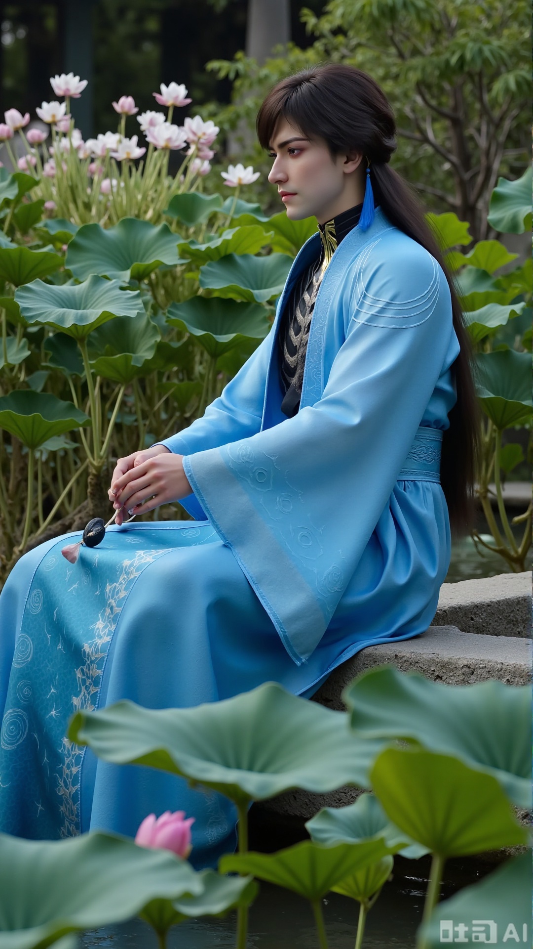  (masterpiece,best quality:1.23),ancient Chinese youth, tall and slender, hanfu, playing a guqin, sitting in a traditional pavilion, koi pond, blooming lotus flowers, soft lighting, high resolution,,,,XyunxiaoYH5,,Xbigbreasts,XMedusaQueen,Xzitenghua,Xxunyicaohua,Xhuayunfei,Xxiaochaxuangu,Xxuanguxiaocha,Xxuedixuenu,Xyunwangshuchengzhu