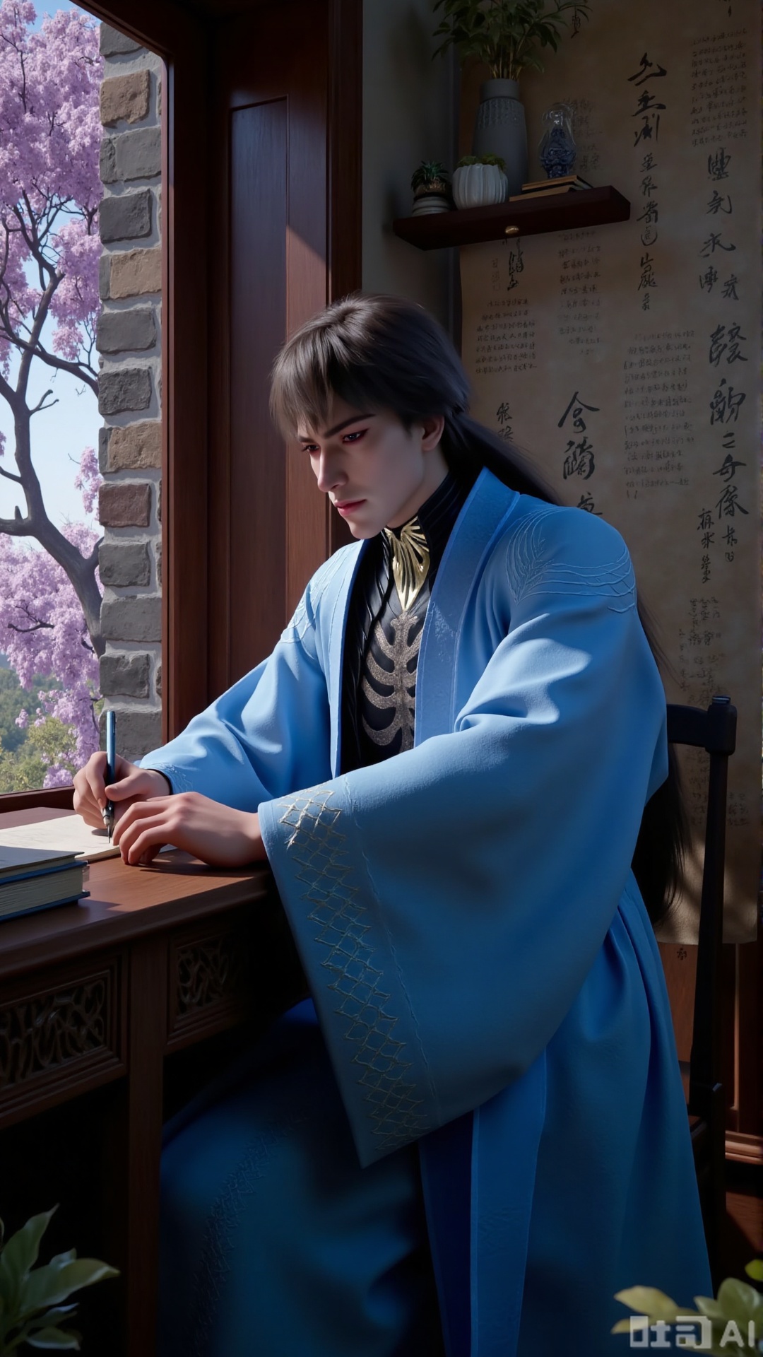 (masterpiece,best quality:1.23),ancient Chinese youth, tall and slender, hanfu, writing with a brush, inside a scholarly study with a wisteria window view, scrolls and books, soft shadows, peaceful atmosphere,,XyunxiaoYH5,,Xbigbreasts,XMedusaQueen,Xzitenghua,Xxunyicaohua,Xhuayunfei,Xxiaochaxuangu,Xxuanguxiaocha,Xxuedixuenu,Xyunwangshuchengzhu
