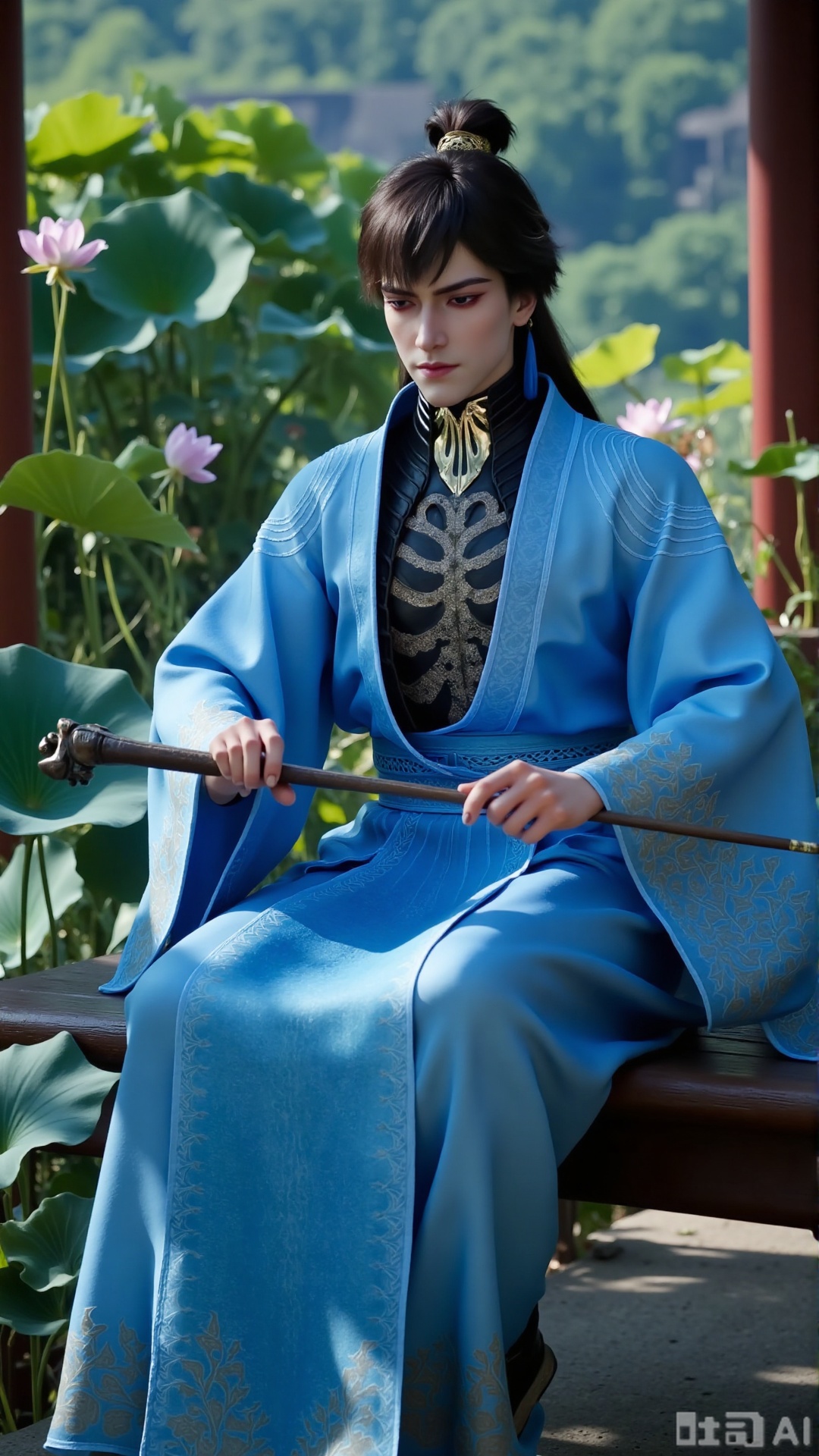  (masterpiece,best quality:1.23),ancient Chinese youth, tall and slender, hanfu, playing a guqin, sitting in a traditional pavilion, koi pond, blooming lotus flowers, soft lighting, high resolution,,,,XyunxiaoYH5,,Xbigbreasts,XMedusaQueen,Xzitenghua,Xxunyicaohua,Xhuayunfei,Xxiaochaxuangu,Xxuanguxiaocha,Xxuedixuenu,Xyunwangshuchengzhu