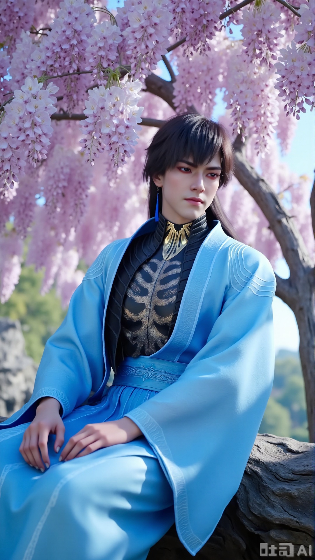 (masterpiece,best quality:1.23),ancient Chinese youth, tall and slender, hanfu, sitting under a cherry blossom tree and wisteria, falling petals, soft focus, out-of-focus background, dreamlike and romantic,,,,XyunxiaoYH5,,Xbigbreasts,XMedusaQueen,Xzitenghua,Xxunyicaohua,Xhuayunfei,Xxiaochaxuangu,Xxuanguxiaocha,Xxuedixuenu,Xyunwangshuchengzhu