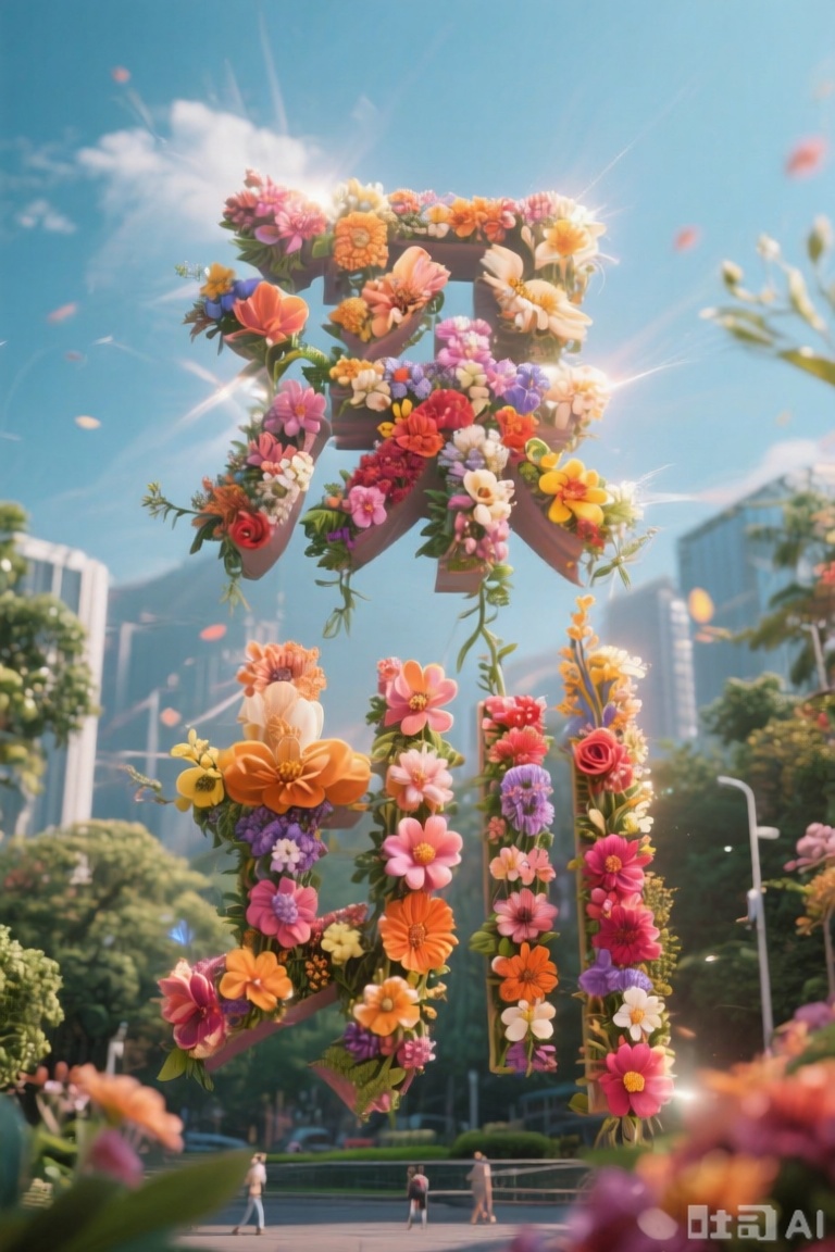 由鲜花构成的汉字"深圳",Flower characters,背景是深圳地方特色建筑