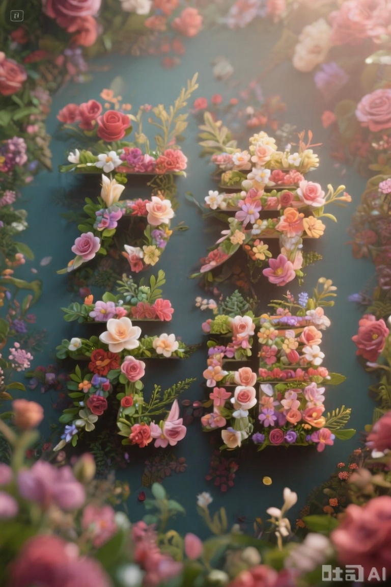 由鲜花构成的汉字"万寿无疆",Flower characters,背景是玫瑰花海洋