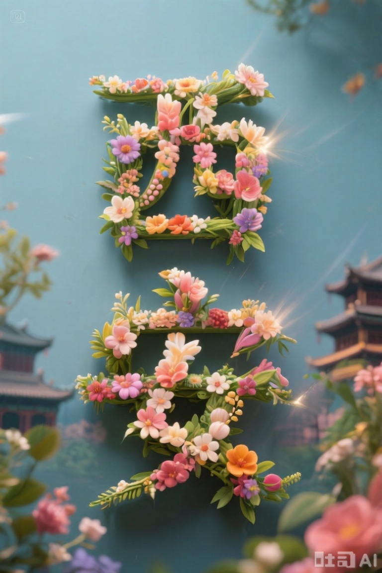 由鲜花构成的汉字"西安",Flower characters,背景是西安地方特色缩影