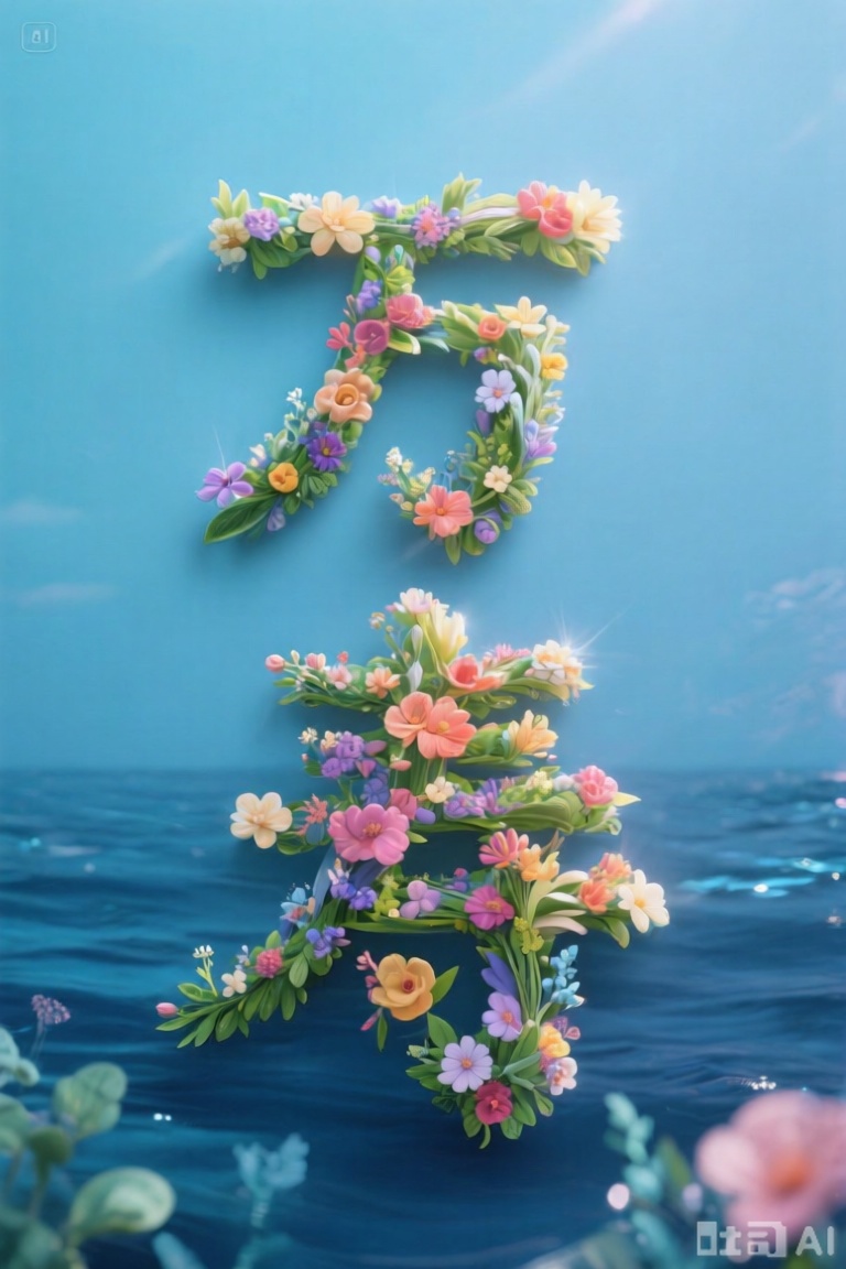 由鲜花构成的汉字"万寿",Flower characters,背景是海洋