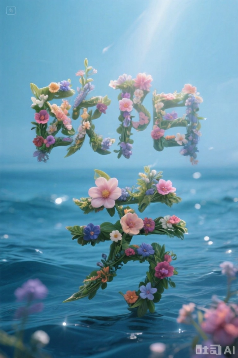 由鲜花构成的汉字"欧阳芳",Flower characters,背景是海洋