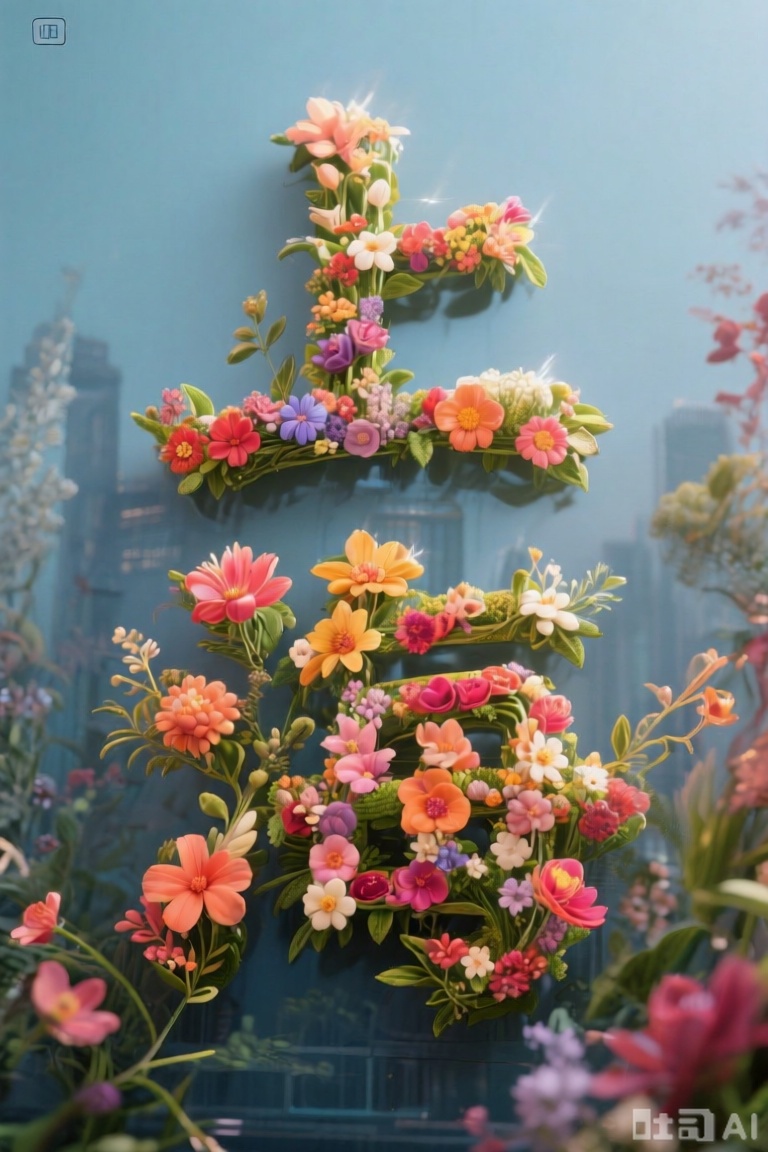 由鲜花构成的汉字"上海",Flower characters,背景是上海地方特色建筑