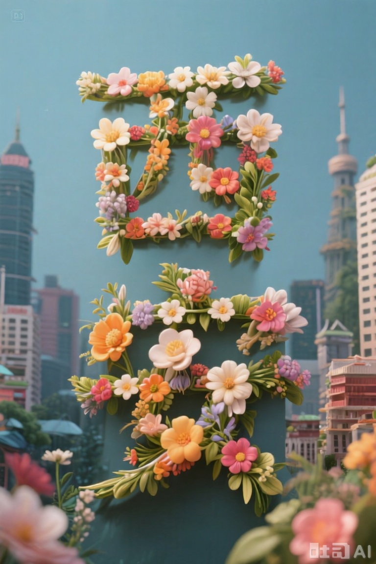 由鲜花构成的汉字"西安",Flower characters,背景是西安城市缩影