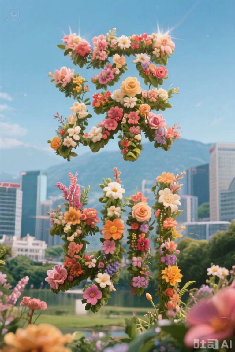 由鲜花构成的汉字"深圳",Flower characters,背景是深圳地方特色建筑