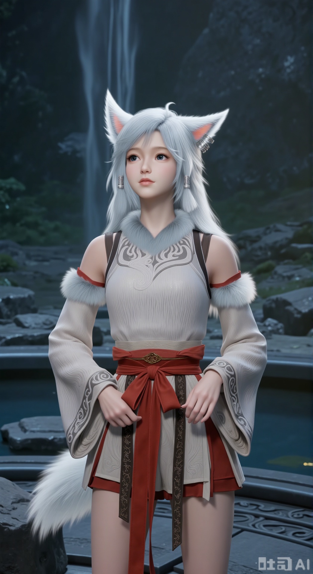 Ultra - realistic 3D rendering, Oriental fantasy style, upper body, standing, naturally standing in a dark stone mountain secret realm. Front view. Looking at the audience.
White - haired fox - eared girl, with long, smooth and flowing silver - white hair, fox ears, a fox tail, and deep blue eyes. Exquisite eyes. Dressed in a light - gray Oriental - style Hanfu, with a red silk sash for waist - tightening, cloud - pattern embroidery, an off - shoulder short design, and wide sleeves.
Cold light illuminates the character, with realistic skin texture, natural cloth wrinkles, movie - level lighting and shadow, high resolution, realistic style, 3D anime character, detailed face, vivid colors, and dynamic posture.
