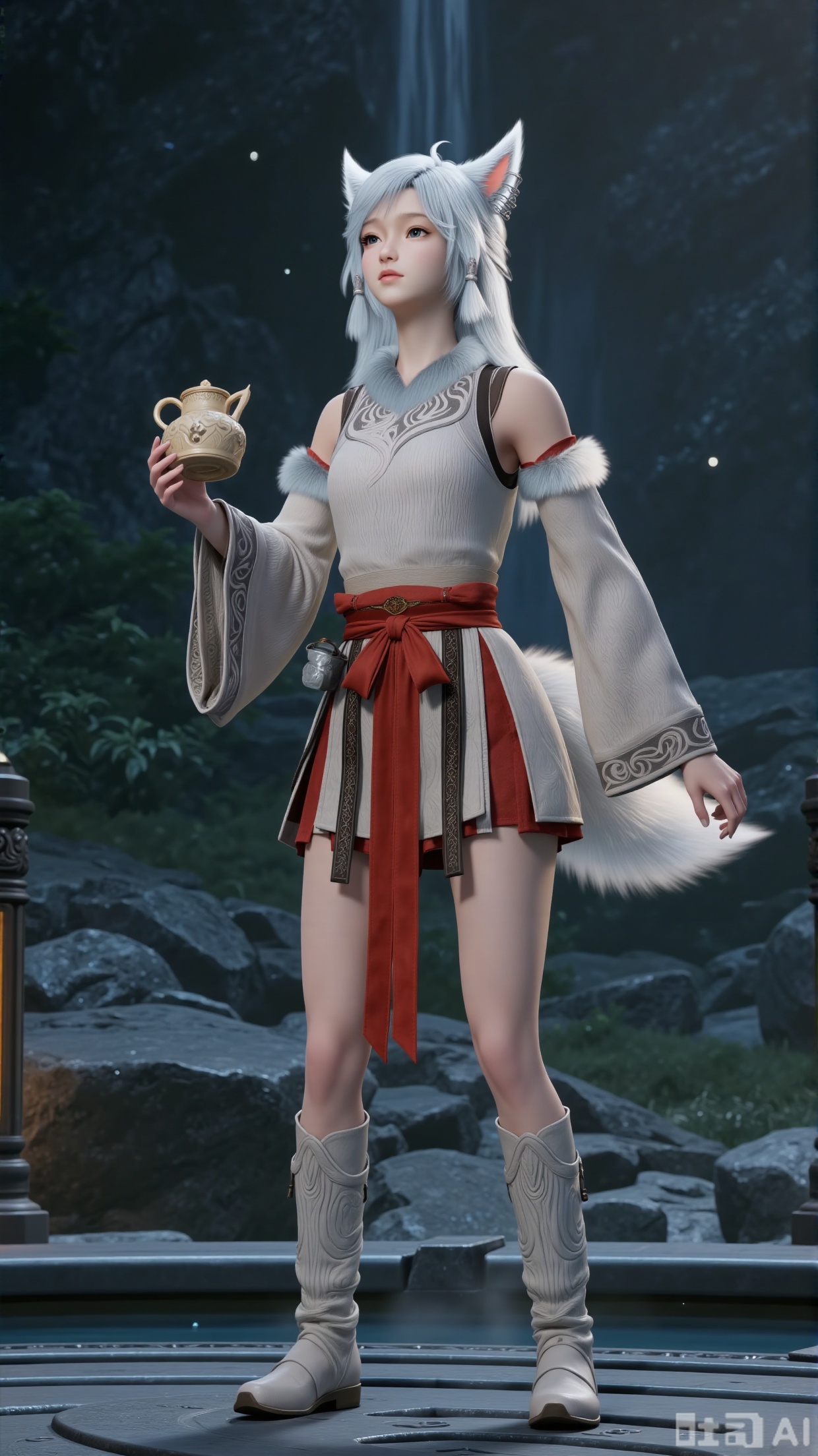 Ultra - realistic 3D rendering, Oriental fantasy style, full body, standing, holding an ancient wine pot, naturally standing in a dark stone mountain secret realm.
White - haired fox - eared girl, with long, smooth and flowing silver - white hair, fox ears, a fox tail, and deep blue eyes. A fox plush toy is tied around the waist. Dressed in a light - gray Oriental - style Hanfu, with a red silk sash for waist - tightening, cloud - pattern embroidery, an off - shoulder short design, wide sleeves, and long boots.
Cold light illuminates the character, with realistic skin texture, natural cloth wrinkles, movie - level lighting and shadow, high resolution, realistic style, 3D anime character, detailed face, and vivid colors, dynamic posture.