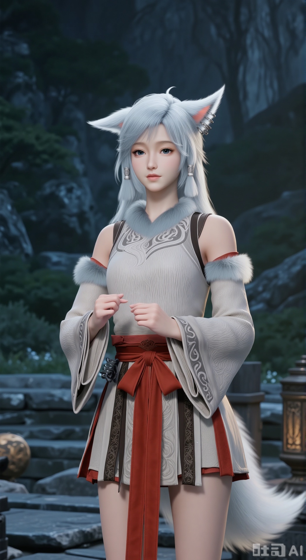Ultra - realistic 3D rendering, Oriental fantasy style, upper body, standing, naturally standing in a dark stone mountain secret realm. Front view. Looking at the audience.
White - haired fox - eared girl, with long, smooth and flowing silver - white hair, fox ears, a fox tail, and deep blue eyes. Exquisite eyes. Dressed in a light - gray Oriental - style Hanfu, with a red silk sash for waist - tightening, cloud - pattern embroidery, an off - shoulder short design, and wide sleeves.
Cold light illuminates the character, with realistic skin texture, natural cloth wrinkles, movie - level lighting and shadow, high resolution, realistic style, 3D anime character, detailed face, vivid colors, and dynamic posture.