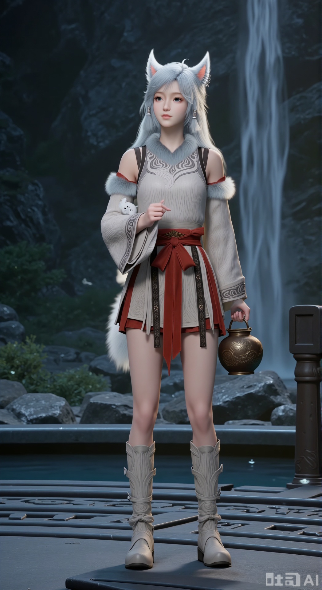 Ultra - realistic 3D rendering, Oriental fantasy style, full body, standing, holding an ancient wine pot, naturally standing in a dark stone mountain secret realm. Front view. Looking at the audience.
White - haired fox - eared girl, with long, smooth and flowing silver - white hair, fox ears, a fox tail, and deep blue eyes. A fox plush toy is tied around the waist. Dressed in a light - gray Oriental - style Hanfu, with a red silk sash for waist - tightening, cloud - pattern embroidery, an off - shoulder short design, wide sleeves, and long boots.
Cold light illuminates the character, with realistic skin texture, natural cloth wrinkles, movie - level lighting and shadow, high resolution, realistic style, 3D anime character, detailed face, vivid colors, and dynamic posture.