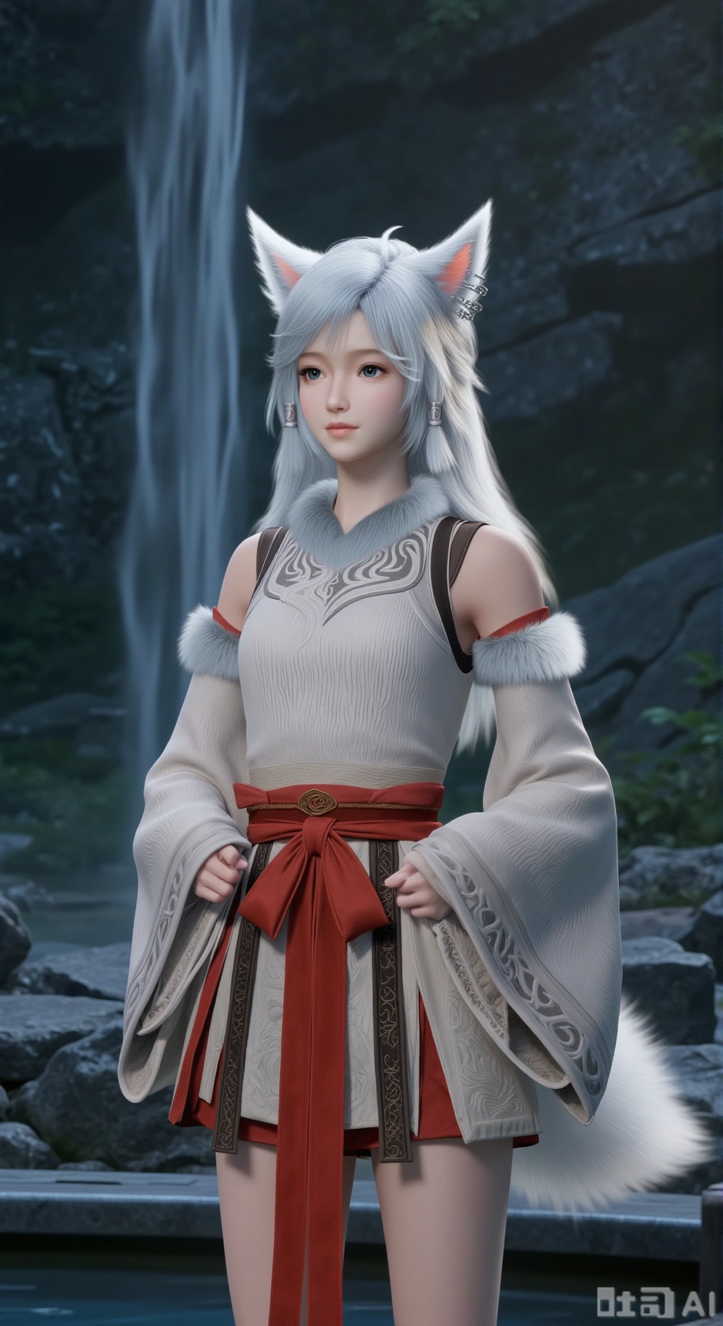 Ultra - realistic 3D rendering, Oriental fantasy style, upper body, standing, naturally standing in a dark stone mountain secret realm. Front view. Looking at the audience.
White - haired fox - eared girl, with long, smooth and flowing silver - white hair, fox ears, a fox tail, and deep blue eyes. Exquisite eyes. Dressed in a light - gray Oriental - style Hanfu, with a red silk sash for waist - tightening, cloud - pattern embroidery, an off - shoulder short design, and wide sleeves.
Cold light illuminates the character, with realistic skin texture, natural cloth wrinkles, movie - level lighting and shadow, high resolution, realistic style, 3D anime character, detailed face, vivid colors, and dynamic posture.
